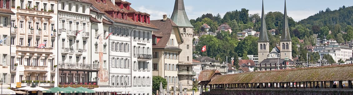 Swiss town cityscape with church spires.